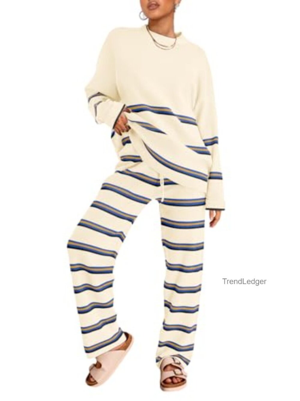Viscose Blend Striped 2 Piece Sweater Lounge Set Oversized Batwing Sleeve